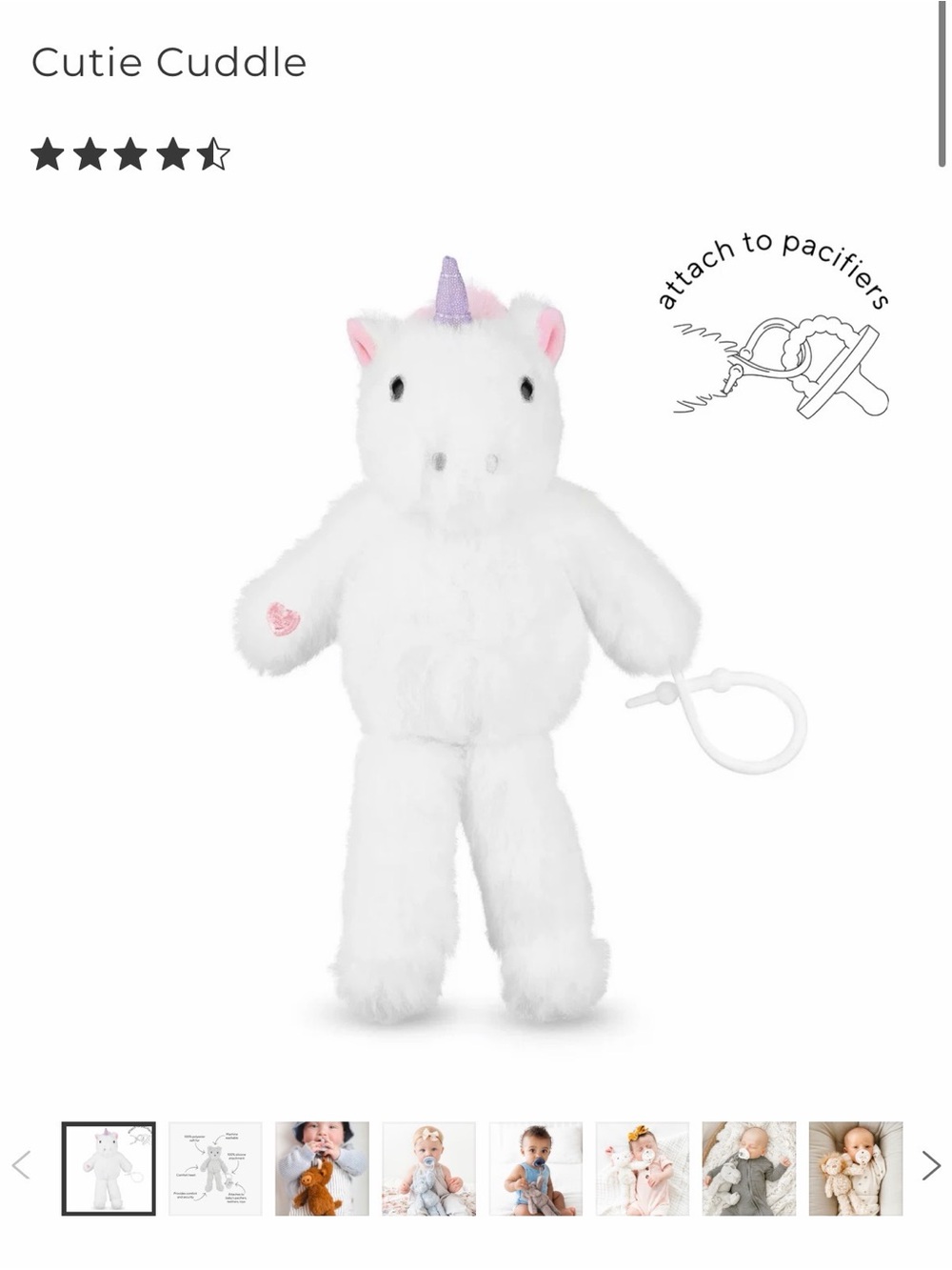 Cutie Cuddle White Unicorn Plush Pacifier Clip